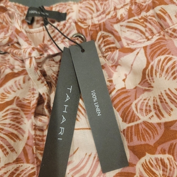 Tahari New 100% Linen Tropical Print Muted Red Pink Drawstring Shorts Size Small - Picture 8 of 11